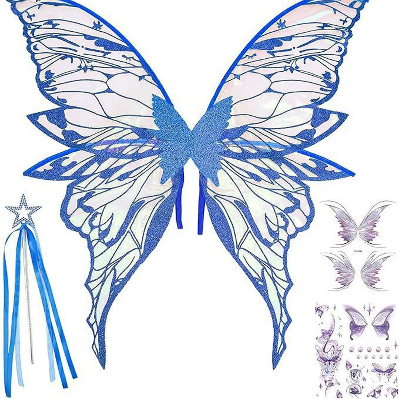 Mulheres meninas borboleta fada elfo asas com estrela varinha e adesivos para halloween cosplay traje aniversário natal fotografia