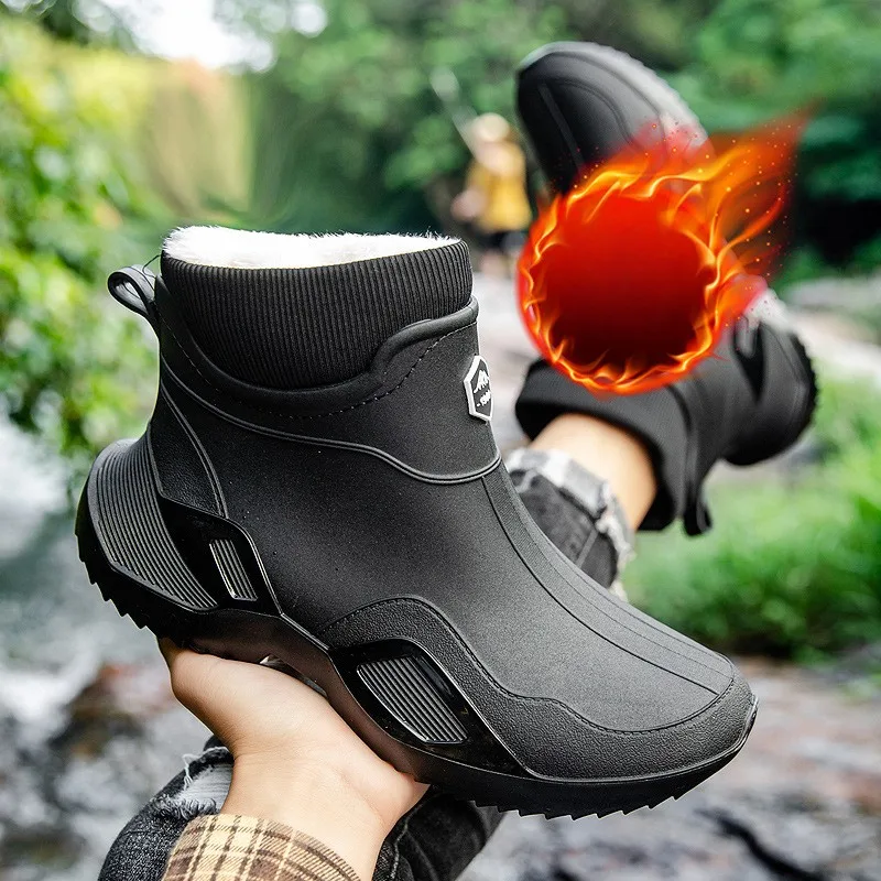 Warm Rain Boots Men Winter Waterproof Shoes Fleece-Lined Non-Slip Rainshoes Women's Short Rain Boots Slip on Work Boot
