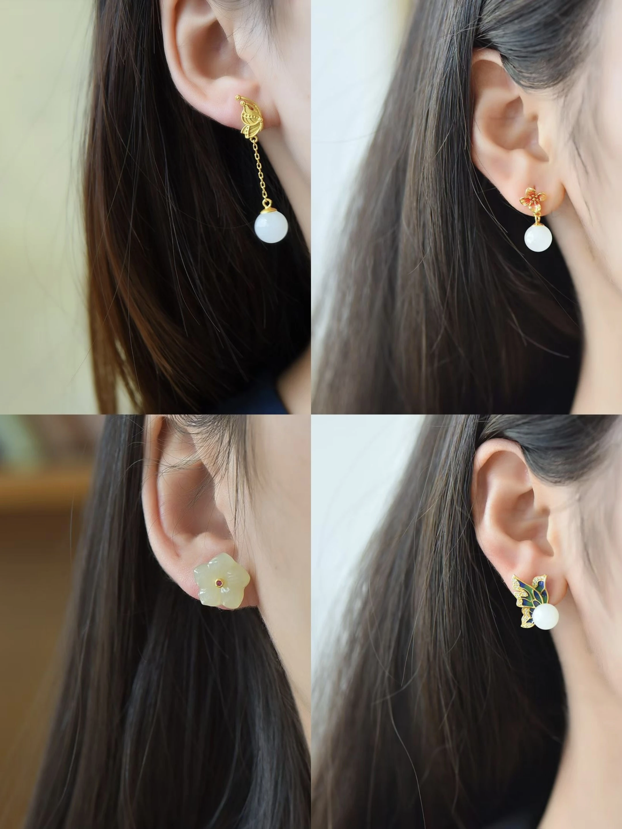 

Certificated 925 Silver Natural Nephrite Stud Earring Genuine White Jade Butterfly/Flower/Wing Ear Drop Threader Yu Fine Jewelry