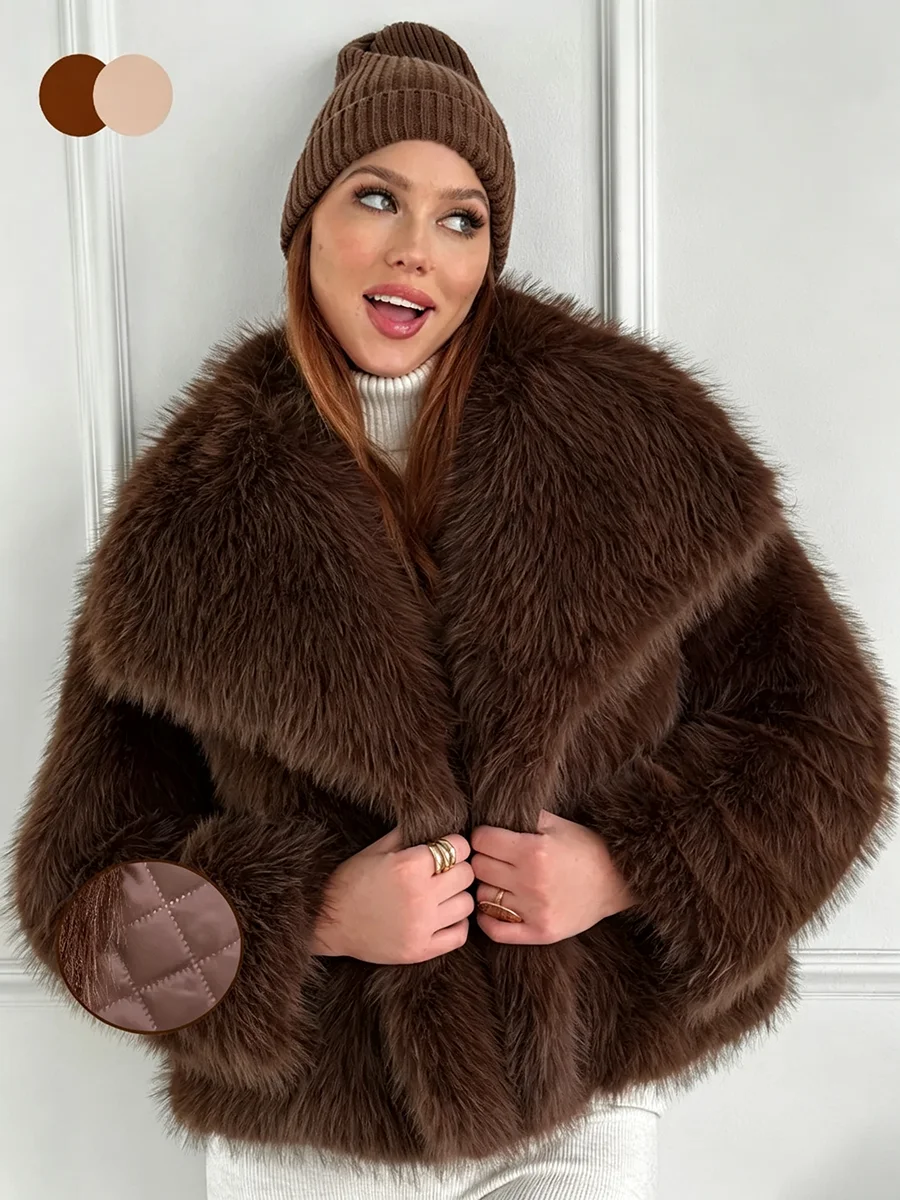 PUAL  Women Short Furry Jacket Lapel Long Sleeve Plush Cropped Coat Winter Warm Street Outerwear