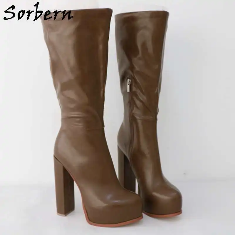 Sorbern Brown Block High Heel Boots For Women Unisex Style Half Zipper Hidden Platform Shoes Round Toe Custom Calf Girth