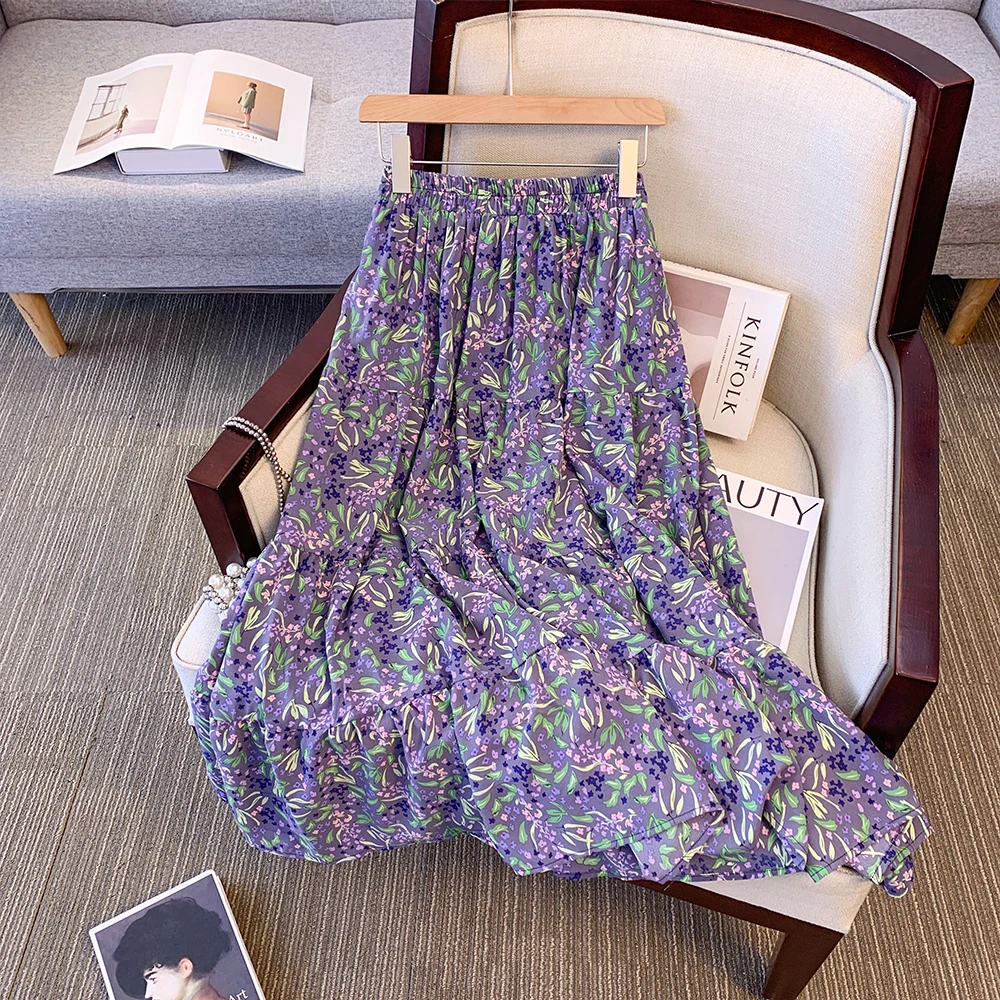 Spring and Summer New Plus Size Women's Loose Casual Purple Floral Half-body Skirt Vintage Pleated Long Skirt High Waist Big Hem