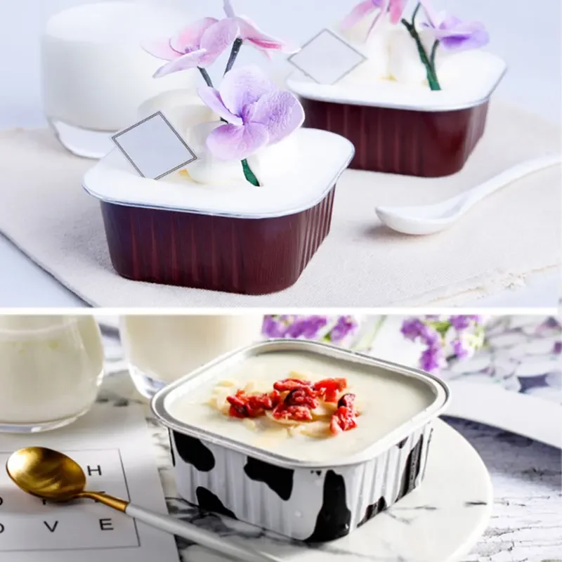 10/50pcs 300ml Aluminum Foil Cake Baking Cup Square Shape Mousse Dessert Cupcake Liners Cups with Lids Pastry Muffin Molds