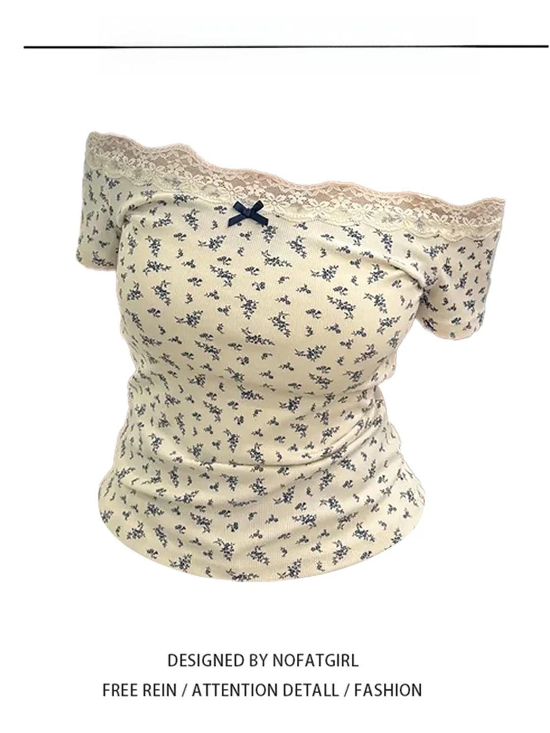 

Женская футболка с цветочным принтом и кружевной отделкой, с открытыми плечами, в корейском стиле, свободного кроя, с завышенной талией, летний топ Directly Divine Pure Desire