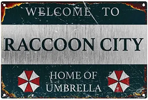 Retro Metal tin Sign Personalized Vintage Resident Welcome to Raccoon City, Home of Umberella Sign,Funny Home Cave Garage bar Wa