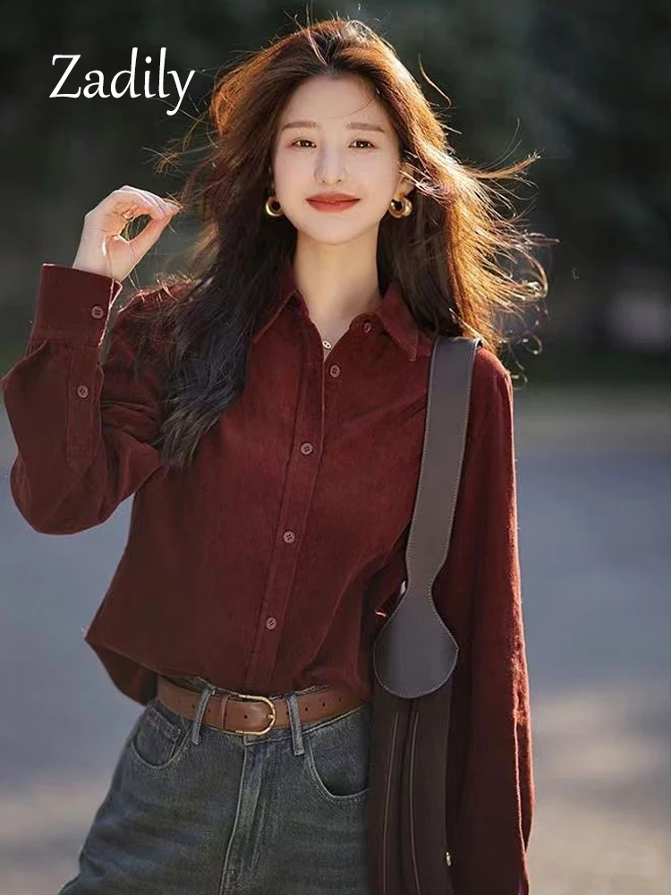 2024 Autumn Office Lady Long Sleeve Women Corduroy Basic Shirt Korea Style Button Up Thick Blouse Button Up Work Female Clothing