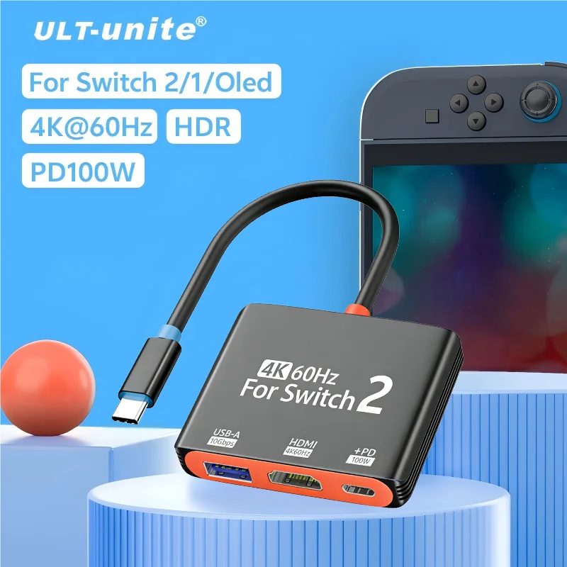 USB-C Hub for Switch 2/OLED,4K60hz Type-C to HDMI Adapter, USB3.1 100W Docking Station for Display Laptop Projector AR Converter