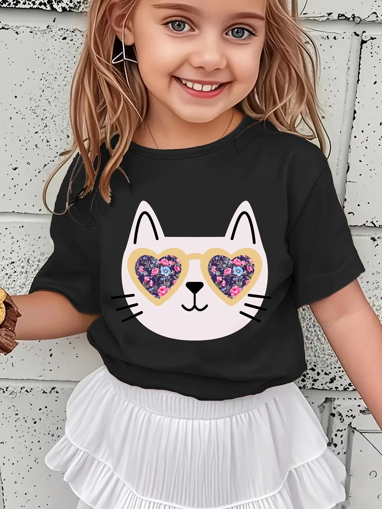 Adorable Cat Wearing Floral Heart Shaped Sunglasses Graphic Kids T Shirt Short Sleeve Round Neck Summer Girls Tops