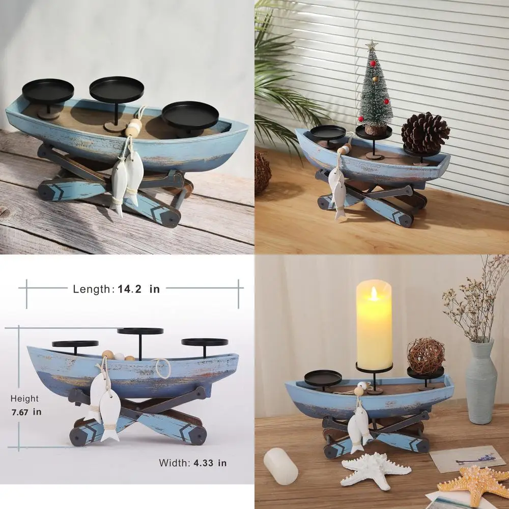 

Nautical Candle Holder for Beach House Table & Lake House - Ocean Themed Farmhouse Boat Candlestick Holders, Marine Beach Style