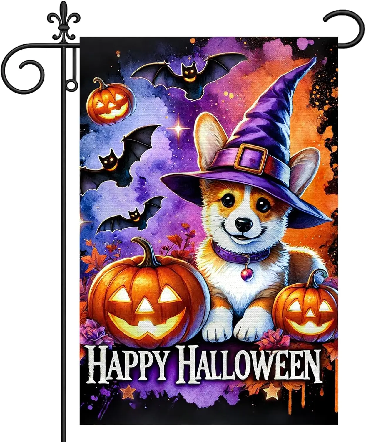 Halloween Garden Flag Witch Hat Bats 12x18 Inch Polyester Cute Corgi Dog Flag Print