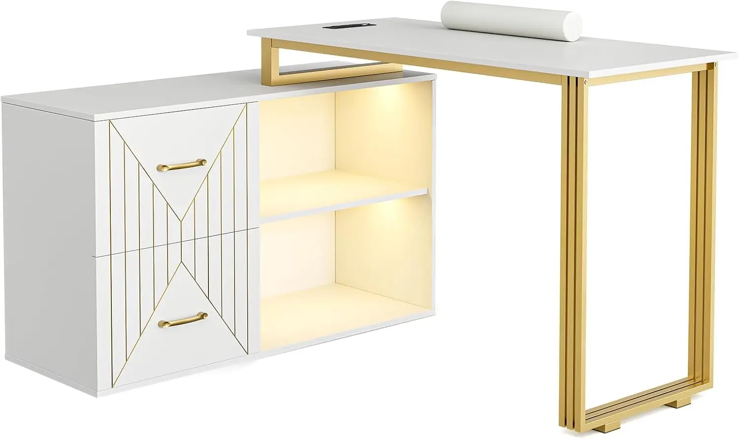 Nail Tech için Manikür Masası, Bilek Yastıklı, 2 Çekmeceli ve 2 Raflı Köşe Tırnak Masası, Güzellik Salonu Tırnak