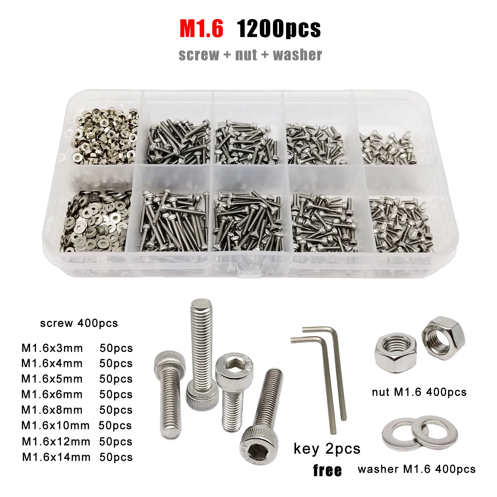 1 Box M1,6 M2 M2,5 M3 M4 M5 M6 M8 DIN912 304 A2 Edelstahl Sechskant Innensechskantschraube Bolzen Mutter Sortiment Kit