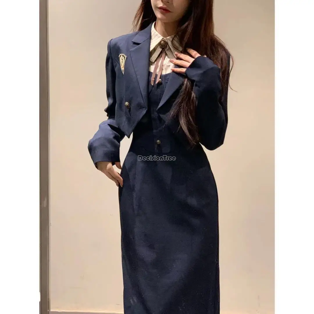 2023 korea japan jk 4 piece set long dress with back strap + striped shirt + short suit + bow tie suit female uniform set s789