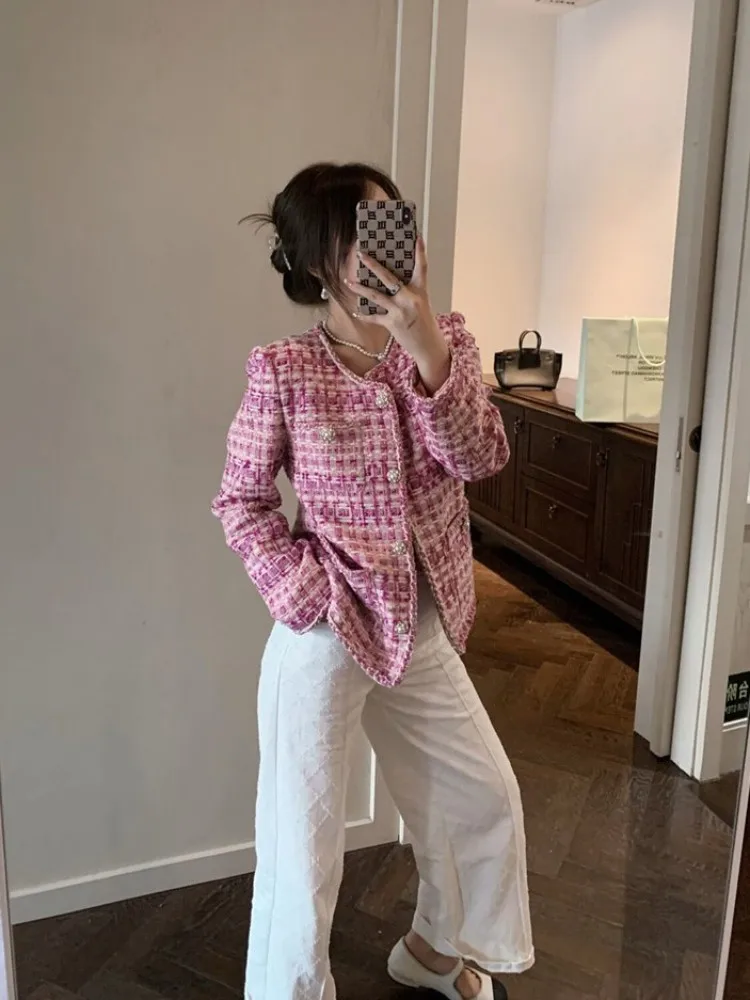 Office Lady Pink Tweed Plaid Jacket O-Neck Elegant Long Sleeve Autumn Winter Outerwear Single Breasted Fashion Women Short Coat