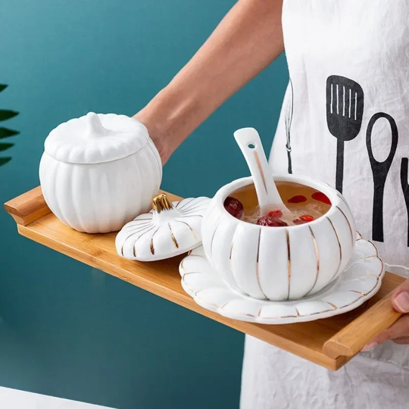 

Creative Pumpkin Cup Set, Ceramic Stew Pot, Spoon Saucers Sets, Gold Rim with Cover, Bird's Nest Sugar Water Bowl, Kitchen