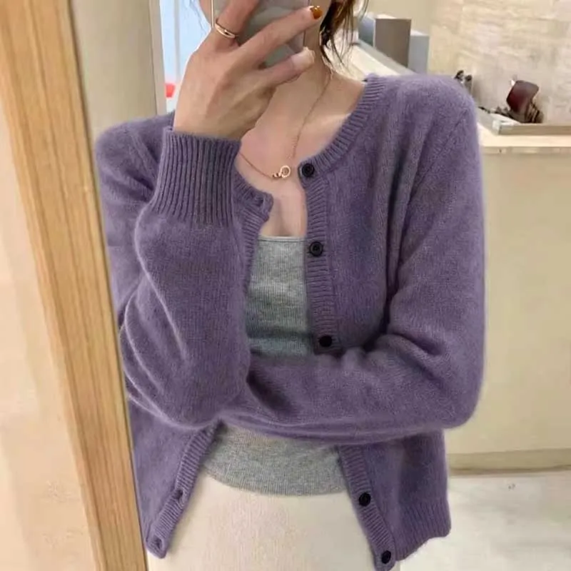 Long Sleeve Knitted Cardigan Women Sweater Elegant Winter Fashion Casual Simple Knitted Jackets O Neck Loose Round Neck Tops