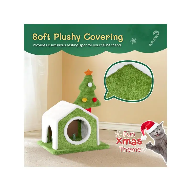 سرير بيت القطط بطول 24 بوصة، عش عيد الميلاد من القطيفة الناعمة للقطط الداخلية، ديكور عطلة احتفالي لأصدقاء القطط