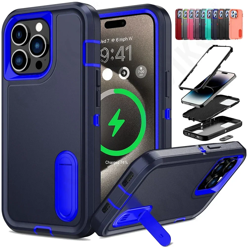 Case For iPhone 16 15 14 13 12 11 Pro Max XS XR 8 Plus Heavy Duty Shockproof Anti-Scratch Rugged Protective with Kickstand Cover