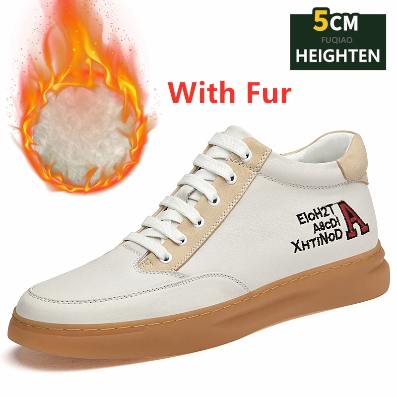 Mens Genuine Leather 5CM Invisible Height Increase Thermal Fleece Lined Winter Elevator Ankle Boots Comfortable Warm Snow Boots