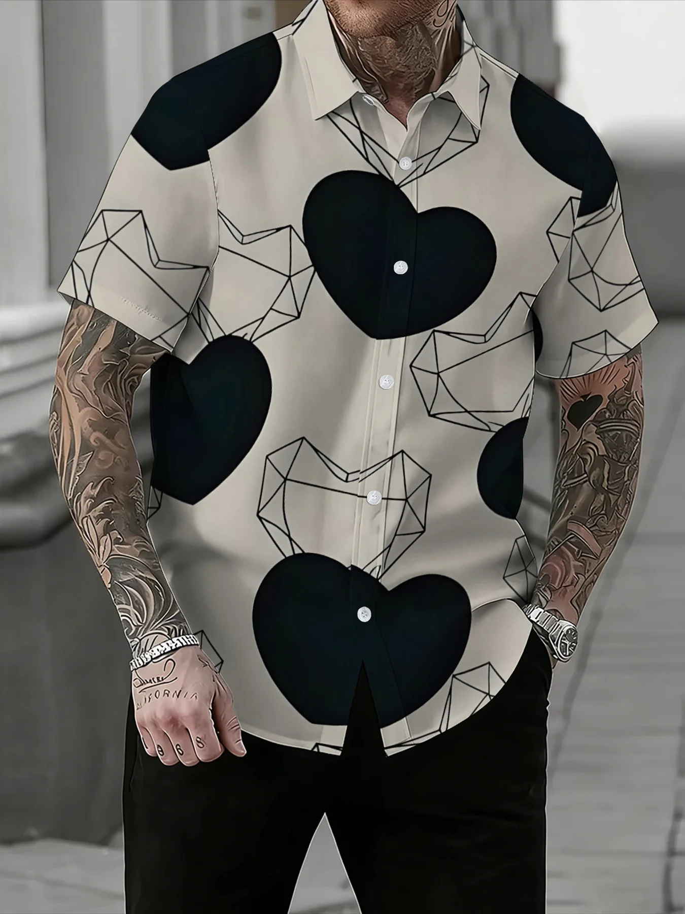 Valentine Themed Geometric Heart Men Short Sleeve Shirt Neutral Cream Tone Dual Heart Design Lapel Shirts Dating Daily Outfits