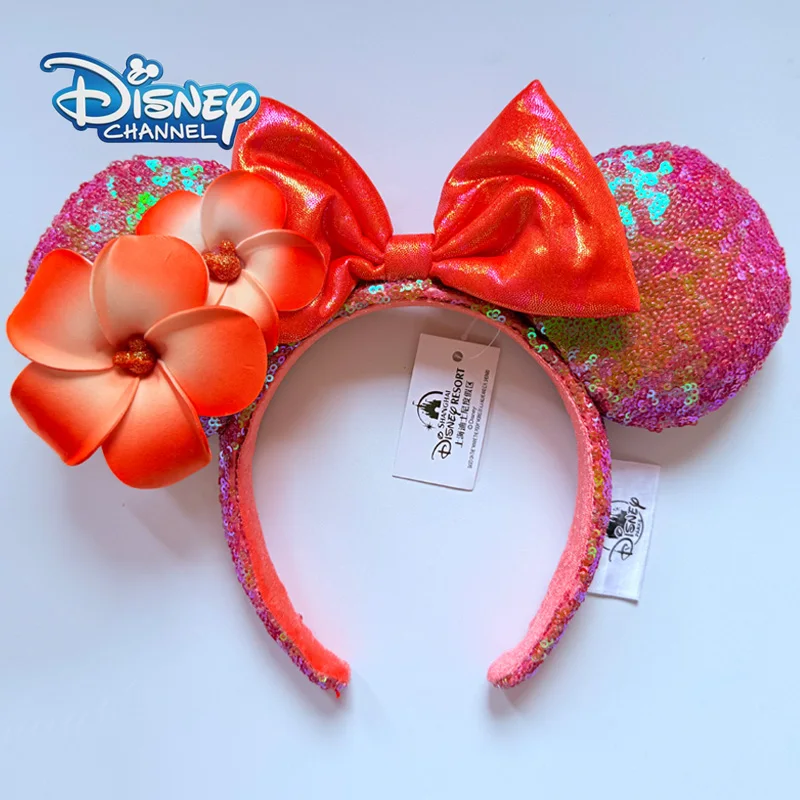 Disney Pink Sequin Minnie Mouse Ears Headband With Orange Frangipani & Bow Hawaiian Tropical Theme Hairband For Disney Fans