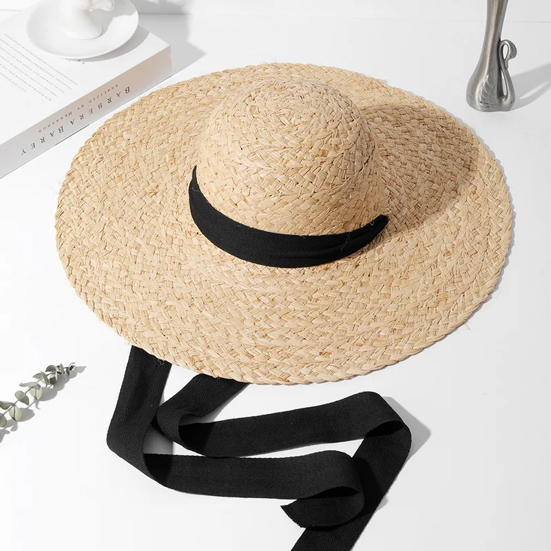 

Handmade Women's summer hat with Long Ribbon Band Big Wide Brim Floppy Straw Hat Round Top NaturSun Hat Ladies Holiday Beach Hat