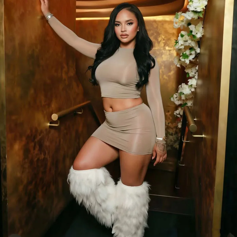 

Doyerl Mesh See Through Sexys Outfits Women' S Clothes 2 Piece Sets Club Party Long Sleeve Crop Top and Mini Skirt Matching Set