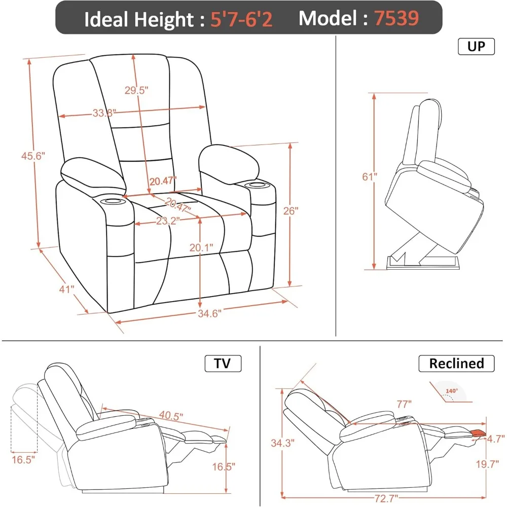 Sofá grande com cadeira reclinável Power Lift com massagem e calor para idosos grandes e altos, 3 posições, porta-copos, portas USB