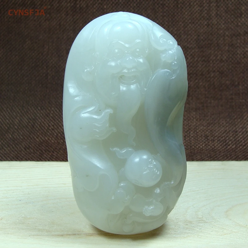 CYNSFJA Real Rare Certified Chinese Hetian Jade Nephrite Lucky Amulets God of Longevity Hand Piece Jade Carving Master Artworks