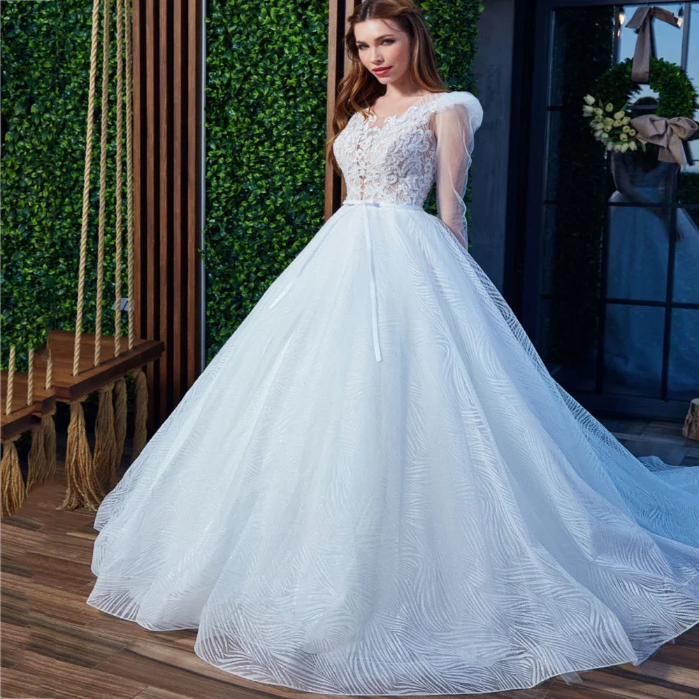 

Customized Wedding Dresses Beautiful Applique Elegant A-line Long Full Sleeves Backless Party Dress for Women Bridal Gown