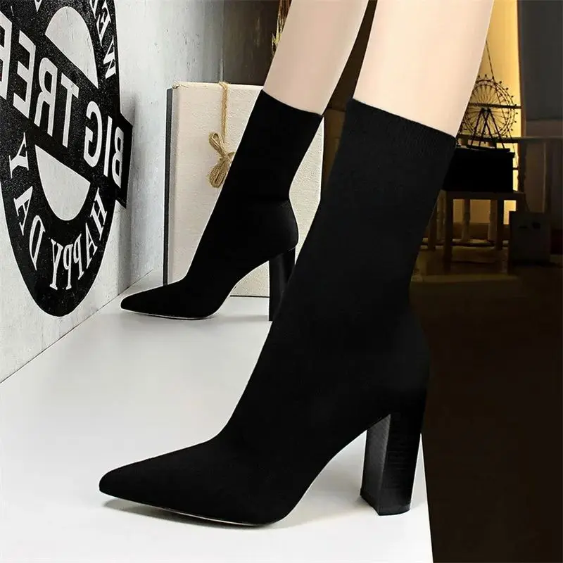 Autumn Fashion Simple Metal Color Square Heels Socks Boots Women Stretch Fabric Elastic Pointed Toe Shoes Ankle Boot