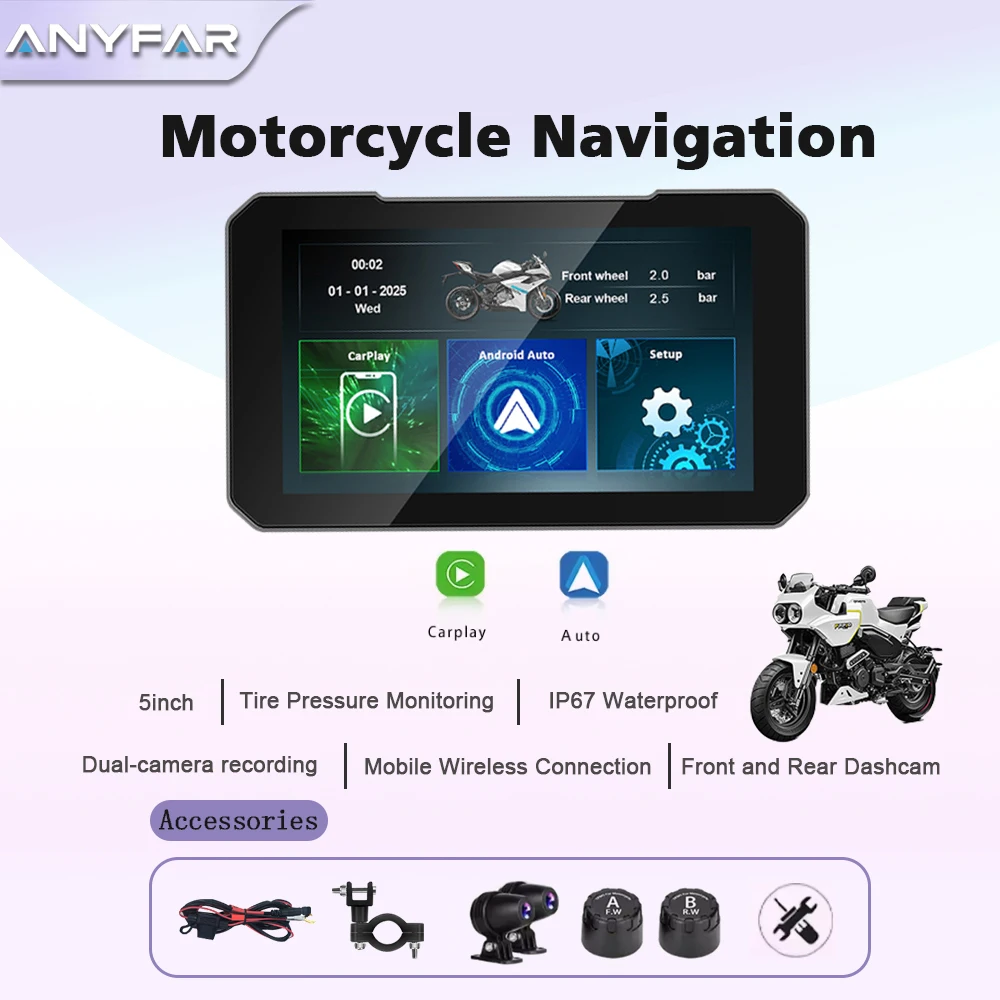 

5-дюймовый экран для мотоцикла с поддержкой беспроводного CarPlay и Android Auto, водонепроницаемый по стандарту IP67