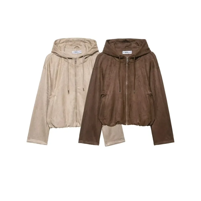 여성 스웨이드 재킷 후드 드로스트링 가을 여성 시크 탑 긴 소매 포켓 지퍼 여성용 인조 코트