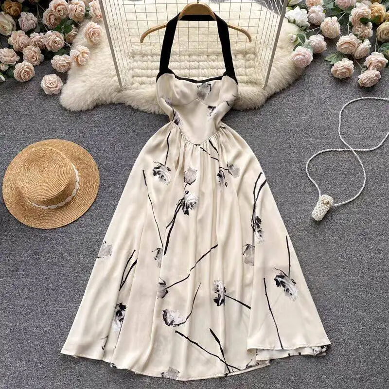 

Halter Spaghetti Strap Dress Print Floral Vintage Midi Dress A-Line High Waist Elegant Dress Summer Dress Women Vestidos