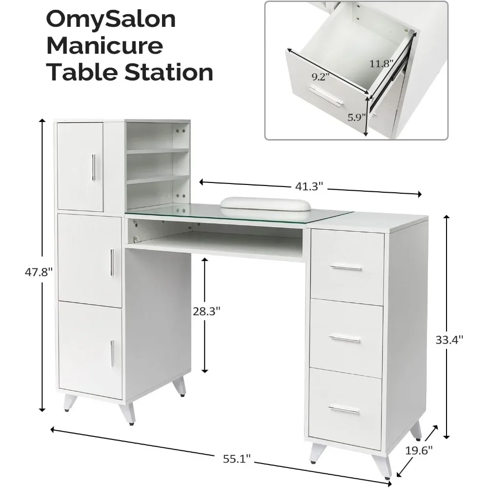 Manicure Table Nail Desk for Nail Tech W/Glass Top & Wrist Rest, Beauty Salon Nail Supplies Decor Workstation Acetone Resistant