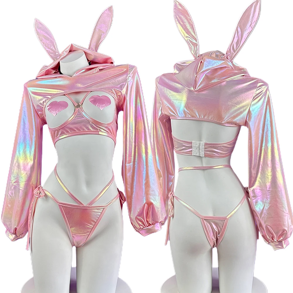 GENMHS-Haut en cuir verni laser rose Anime Bunny Girl, lingerie sexy, bikini brillant, cosplay d\'Halloween, sous-vêtements