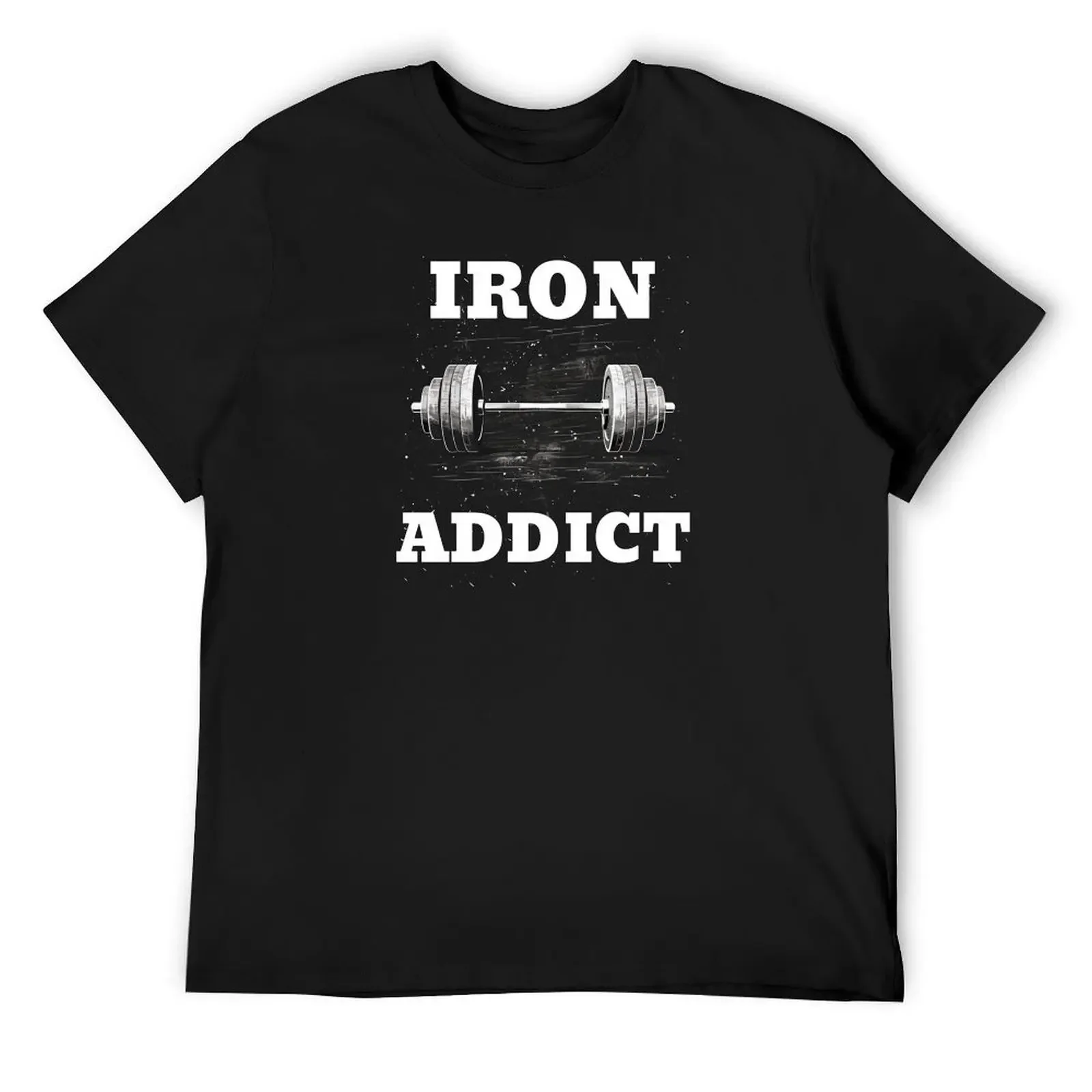 IRON ADDICT, White Lettering Barbell Design T-Shirt blanks anime t shirts oversized graphic tee clothing for men