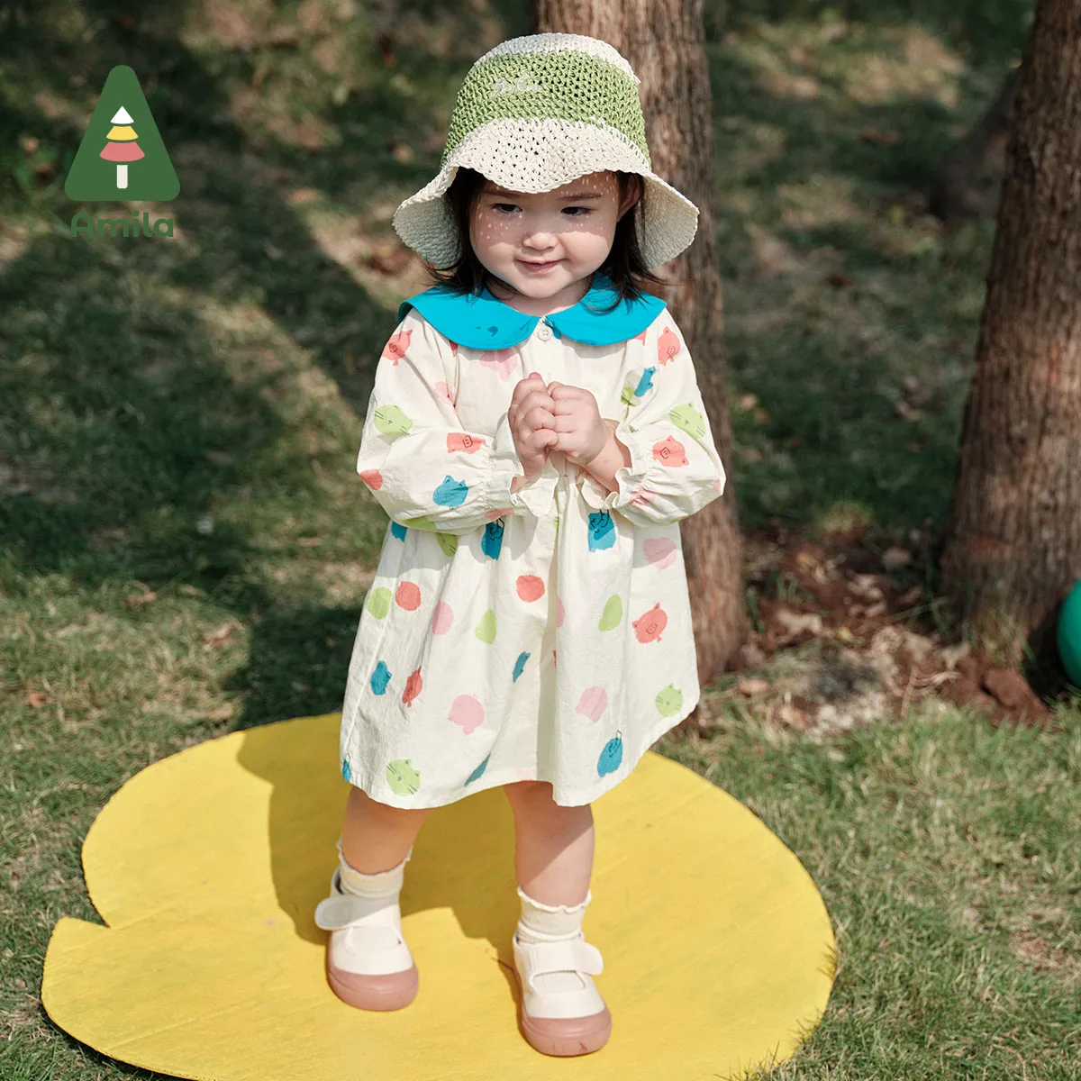 Amila Baby Dress 2024 Spring New Full Print Cotton Cute  and Fashionable Lapel  Cartoon Girls  Clothing