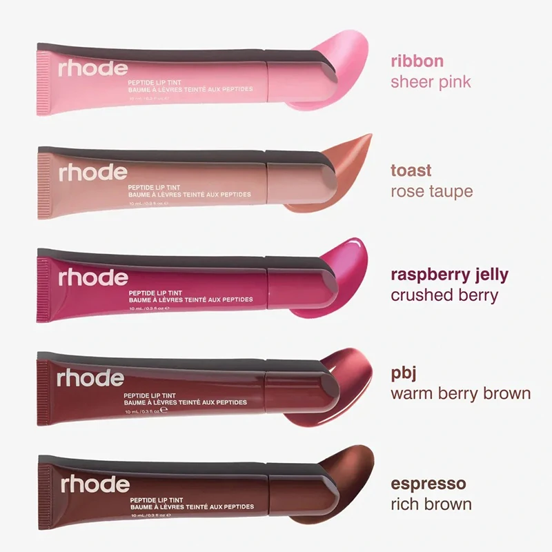 Wysokiej jakości, wielokolorowy błyszczyk do ust Rhode, o zapachu żelków, długotrwały, nawilżający i odżywczy, w miękkiej tubce.