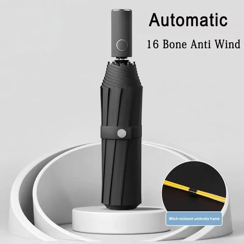

16 Bone Solid Color Automatic Umbrella Light Collapsible Super Strong Windproof Sunshade Uv Protection Portable Umbrella