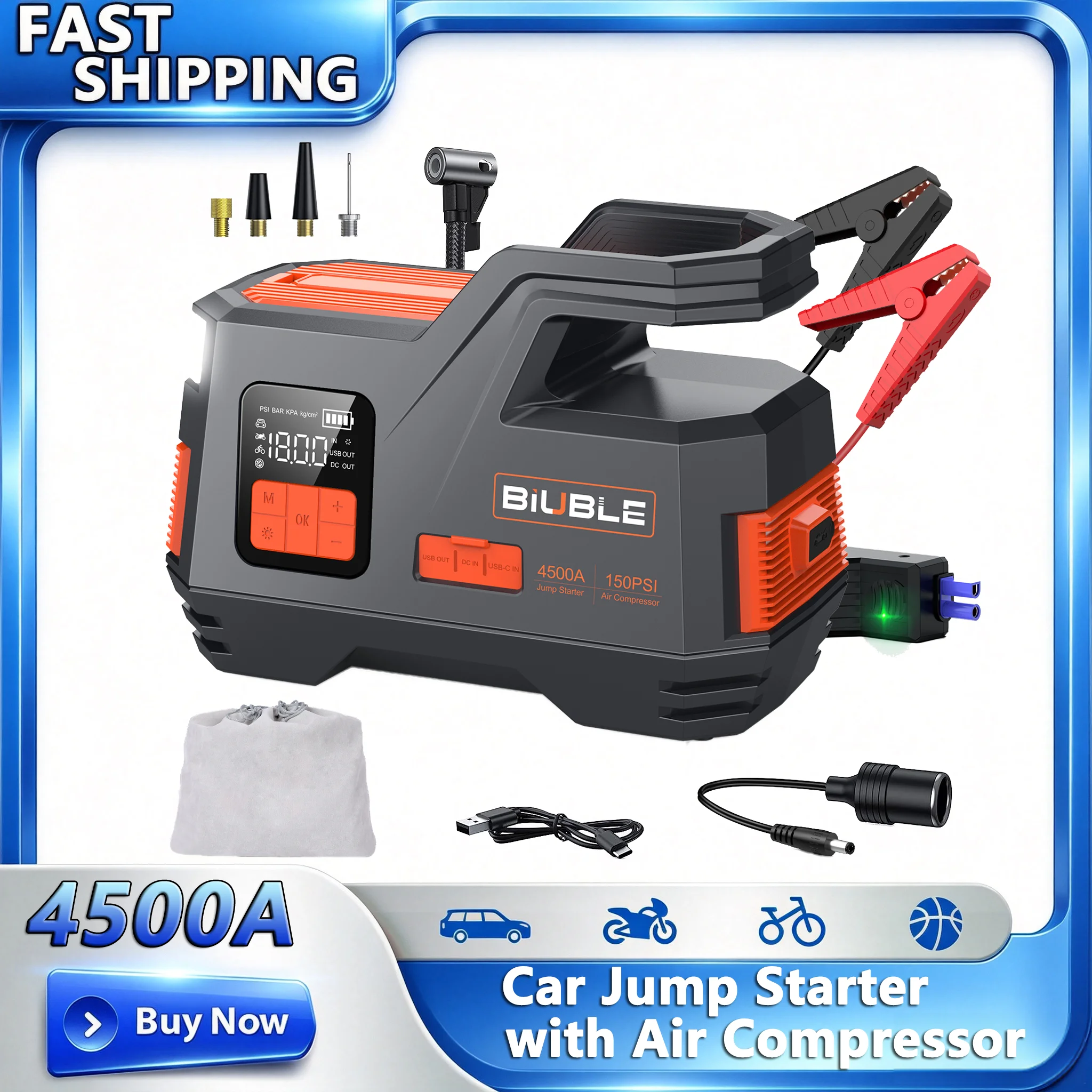 Image of 2-in-1 4500A Peak Auto-Starthilfe 150 PSI Multifunktionales tragbares Auto-Batterie-Startergerät 26800mAh tragbares Startgerät Auto-Starthilfe mit DC-Reverse-Ladefunktion und einem