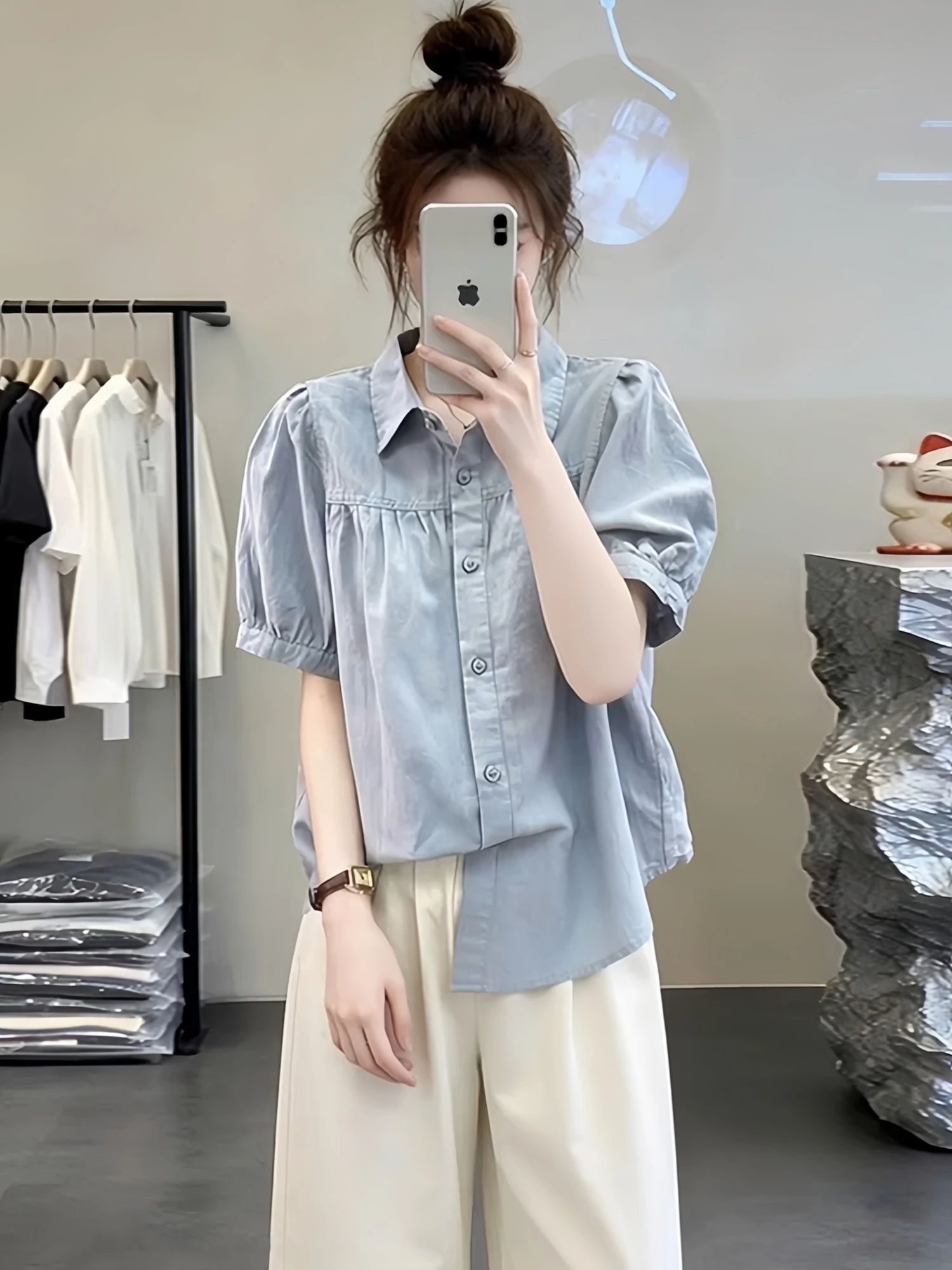 

Korean Style Women's Shirt Casual Comfortable Soft Style Bubble Sleeve Turn-down Collar Loose Breathable Top Summer New Arrival