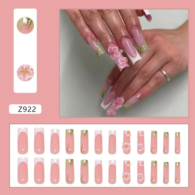 24pcs Long Coffin Fake Nails White Green French Style 3D Peach Flower Press On Nails Pink Glossy Diamond Decors False Nail Patch