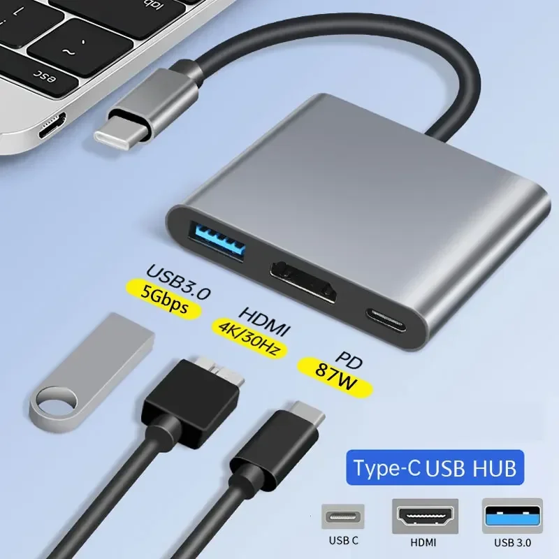 3-in-1 USB C Hub 100W Power USB 3.0 4K HD-compatible for MacBook Surface Chrome Steam Deck Stable USB 3.0 HUB Adapter