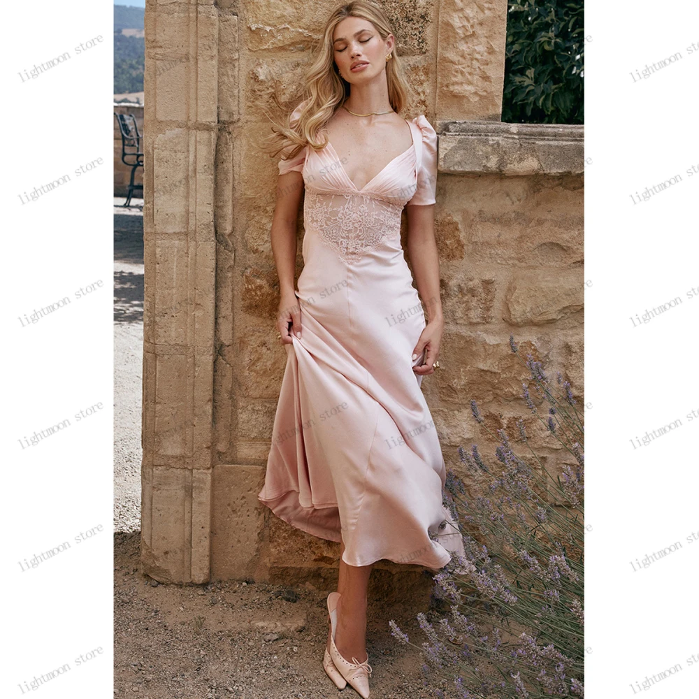 

Pretty Evening Dresses Satin Prom Dress Short Sleeves Sheath Mermaid Tea-Length Robes Sequin Appliques Vestidos De Noche 2024