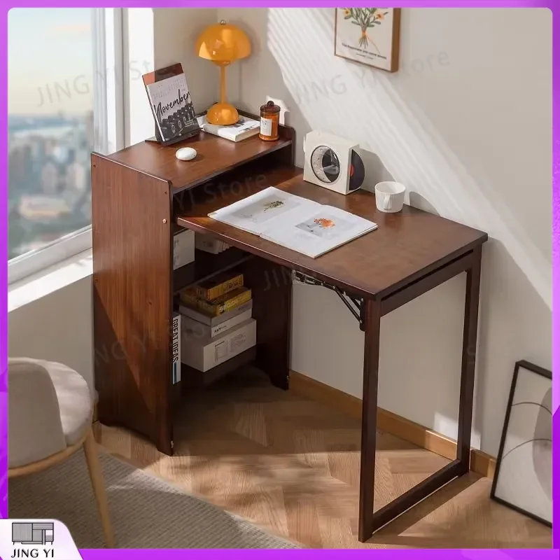 Folding Small Desk for Home Office Computer Desk with Bookshelf Multifunctional Writing Desk Space Saving Adjustable Height