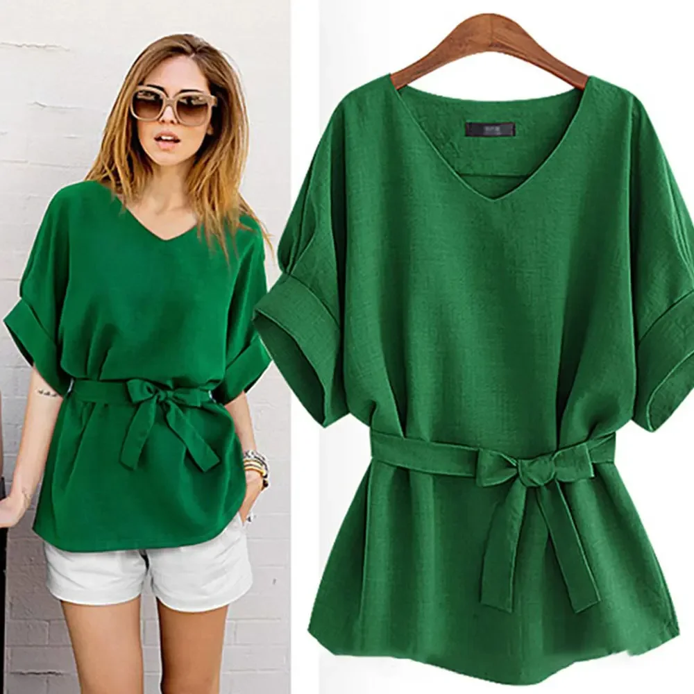 New Fashion Women Elegant Batwing Short Sleeve Loose Blouse with Belt Casual Tunic Tops Elegant Office Lady Solid Oversize Shirt