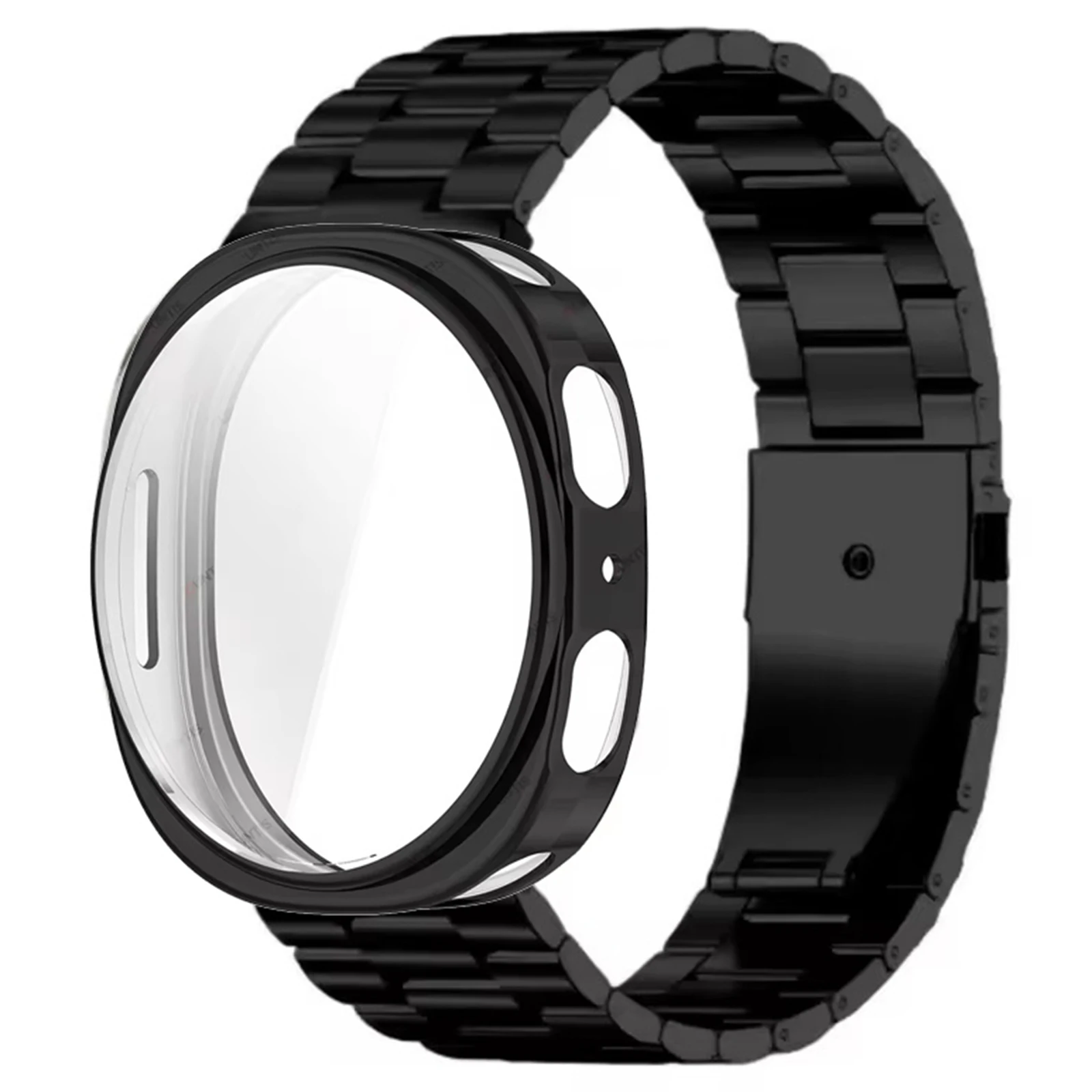 Para Samsung Galaxy Watch9 40mm / Watch8 40mm, Pulseira de Aço Inoxidável com 3 Elos e Capa Protetora Completa em TPU - Preto