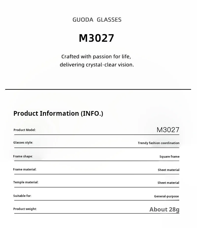 Yimaruili M3027 Eyeglasses — Frame Dimensions & Sizing Chart