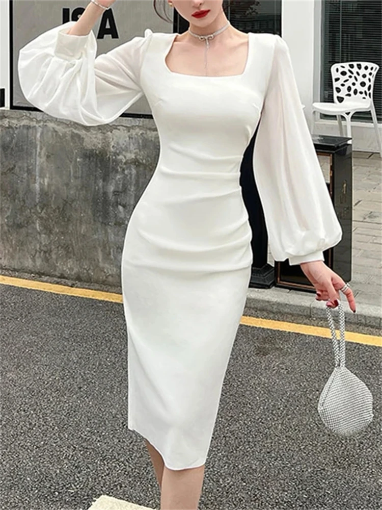 Women Spring Square Collar Sexy Party Dress Split Lantern Sleeve OL Sheath Female Bodycon Vestidos